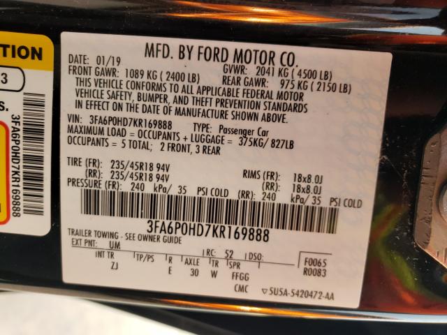 Photo 9 VIN: 3FA6P0HD7KR169888 - FORD FUSION SE 