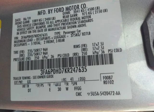 Photo 8 VIN: 3FA6P0HD7KR247635 - FORD FUSION 