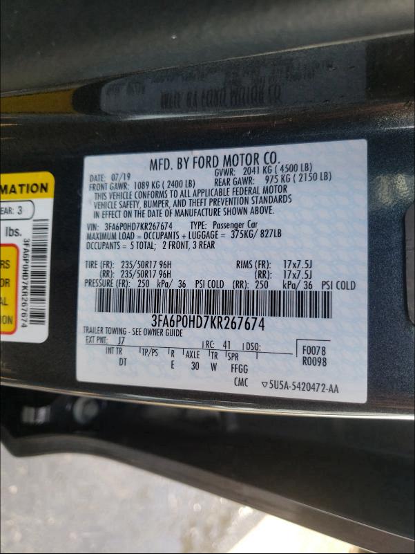 Photo 9 VIN: 3FA6P0HD7KR267674 - FORD FUSION SE 