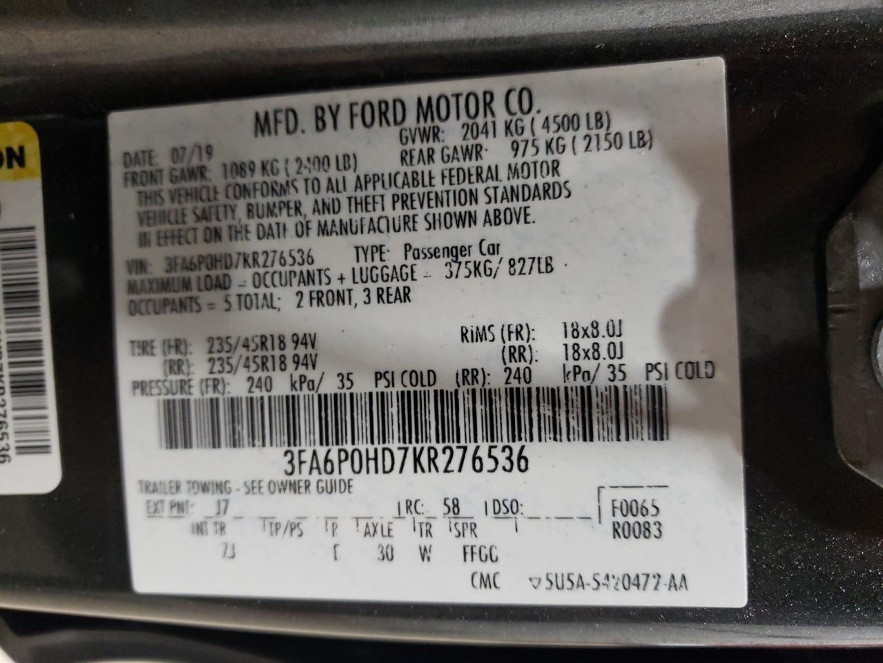 Photo 11 VIN: 3FA6P0HD7KR276536 - FORD FUSION 