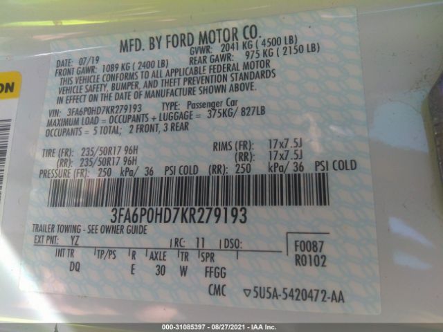 Photo 8 VIN: 3FA6P0HD7KR279193 - FORD FUSION 