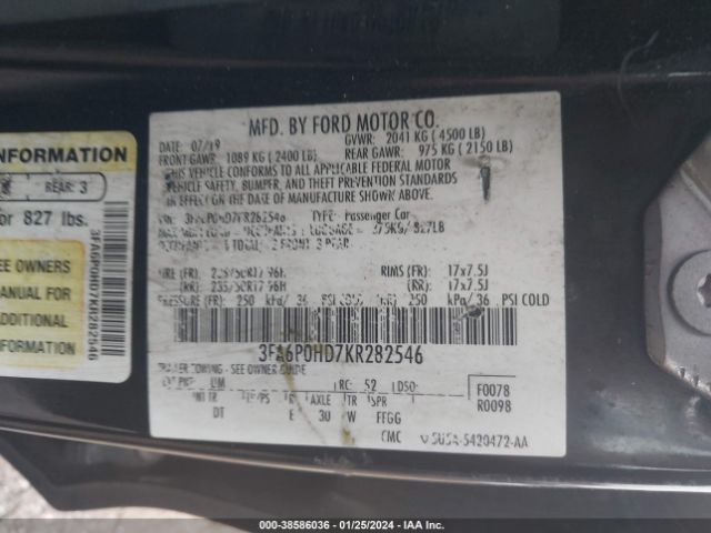 Photo 8 VIN: 3FA6P0HD7KR282546 - FORD FUSION 