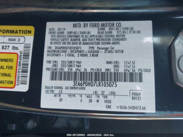 Photo 8 VIN: 3FA6P0HD7LR105075 - FORD FUSION 