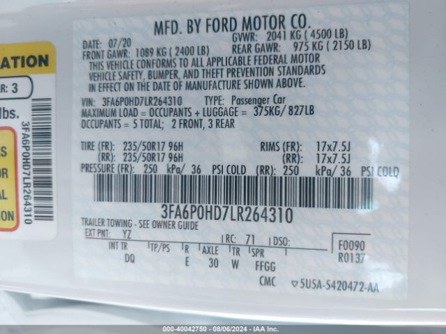 Photo 8 VIN: 3FA6P0HD7LR264310 - FORD FUSION 