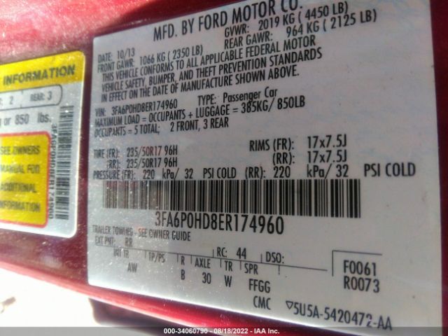 Photo 8 VIN: 3FA6P0HD8ER174960 - FORD FUSION 