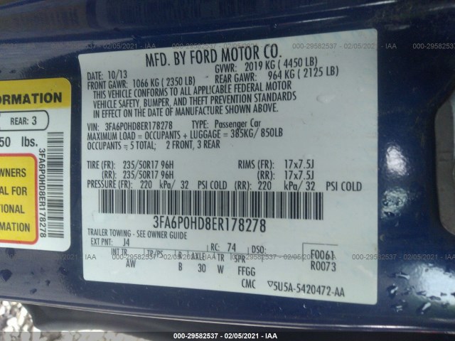 Photo 8 VIN: 3FA6P0HD8ER178278 - FORD FUSION 