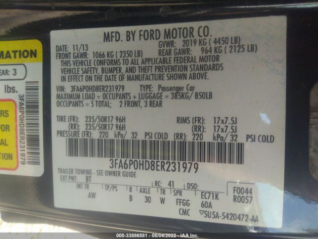 Photo 8 VIN: 3FA6P0HD8ER231979 - FORD FUSION 