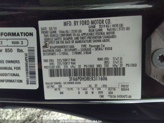 Photo 8 VIN: 3FA6P0HD8ER311606 - FORD FUSION 