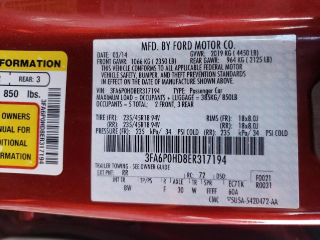 Photo 9 VIN: 3FA6P0HD8ER317194 - FORD FUSION SE 