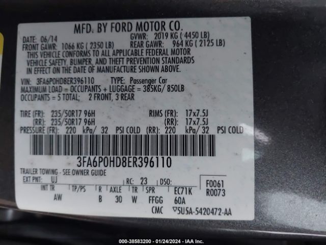 Photo 8 VIN: 3FA6P0HD8ER396110 - FORD FUSION 