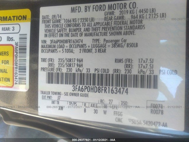 Photo 8 VIN: 3FA6P0HD8FR163474 - FORD FUSION 