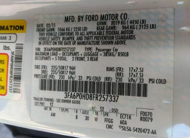 Photo 8 VIN: 3FA6P0HD8FR257337 - FORD FUSION 