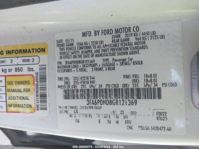 Photo 8 VIN: 3FA6P0HD8GR121369 - FORD FUSION 