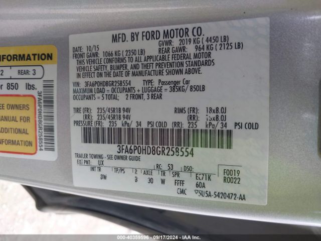 Photo 8 VIN: 3FA6P0HD8GR258554 - FORD FUSION 