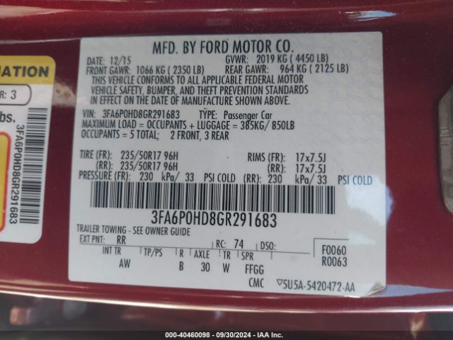 Photo 8 VIN: 3FA6P0HD8GR291683 - FORD FUSION 