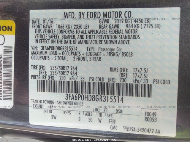 Photo 8 VIN: 3FA6P0HD8GR315514 - FORD FUSION 