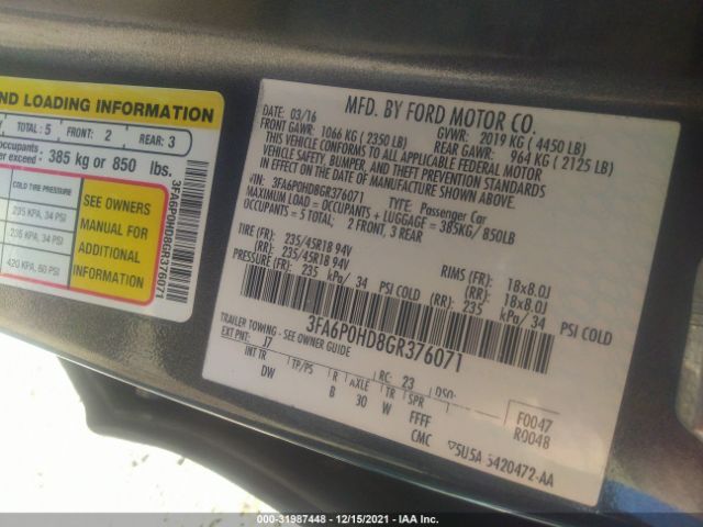 Photo 8 VIN: 3FA6P0HD8GR376071 - FORD FUSION 