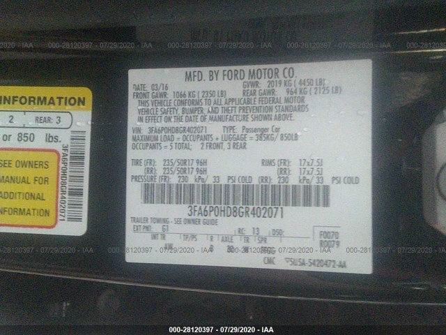 Photo 8 VIN: 3FA6P0HD8GR402071 - FORD FUSION 