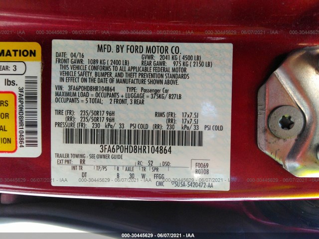 Photo 8 VIN: 3FA6P0HD8HR104864 - FORD FUSION 