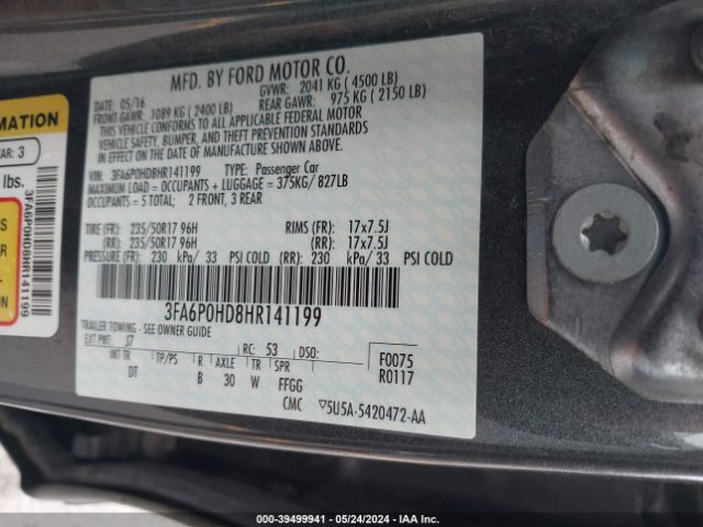 Photo 8 VIN: 3FA6P0HD8HR141199 - FORD FUSION 