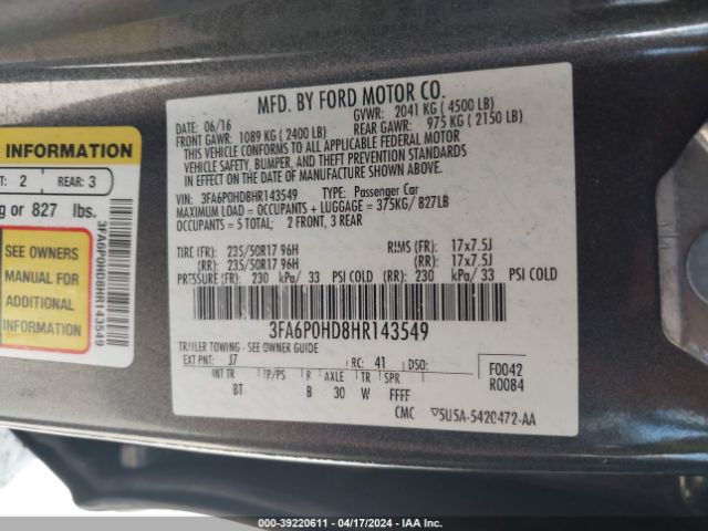 Photo 8 VIN: 3FA6P0HD8HR143549 - FORD FUSION 