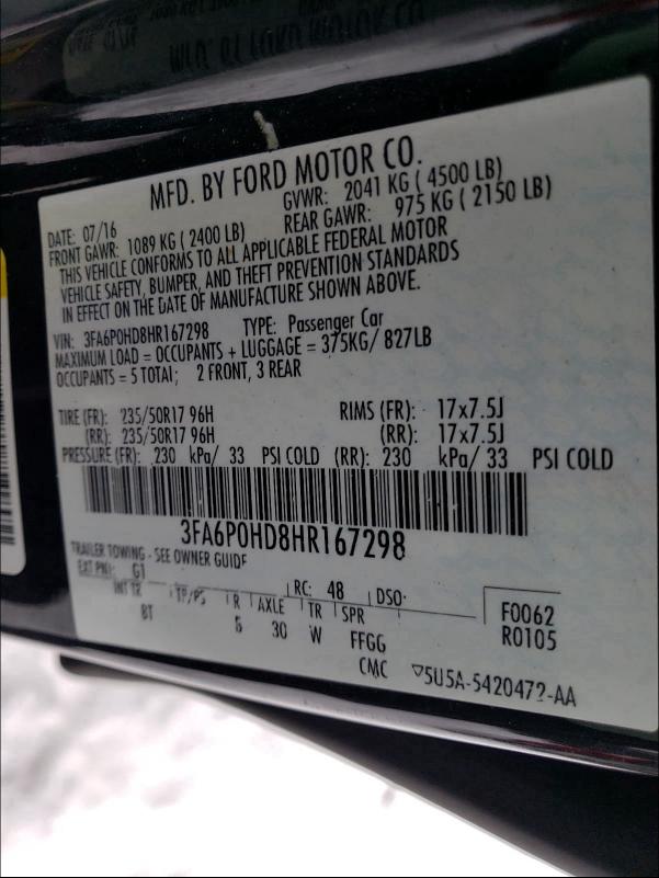 Photo 9 VIN: 3FA6P0HD8HR167298 - FORD FUSION SE 