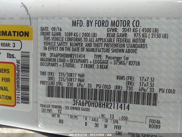 Photo 8 VIN: 3FA6P0HD8HR211414 - FORD FUSION 