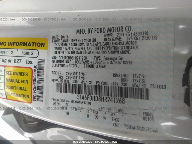 Photo 8 VIN: 3FA6P0HD8HR241268 - FORD FUSION 