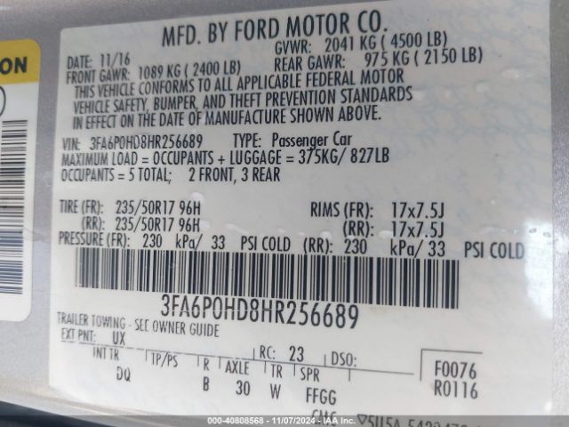 Photo 8 VIN: 3FA6P0HD8HR256689 - FORD FUSION 