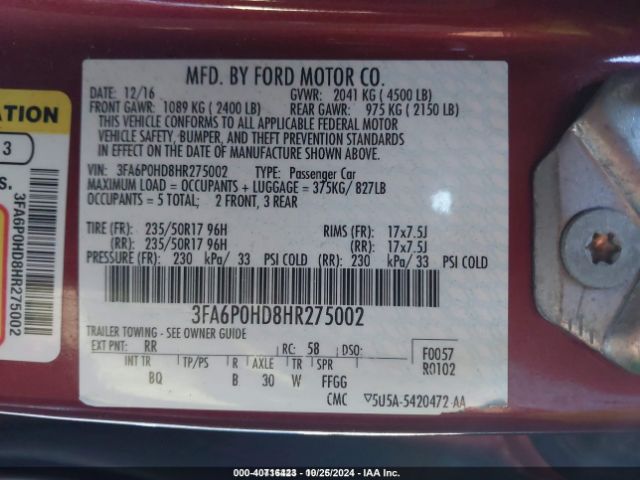 Photo 8 VIN: 3FA6P0HD8HR275002 - FORD FUSION 