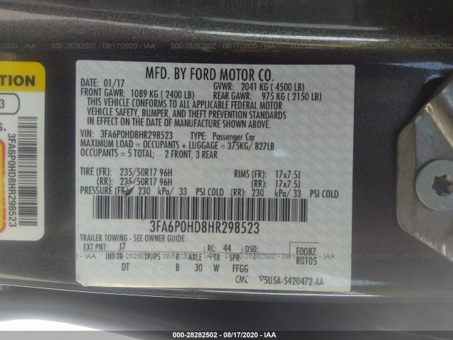 Photo 8 VIN: 3FA6P0HD8HR298523 - FORD FUSION 