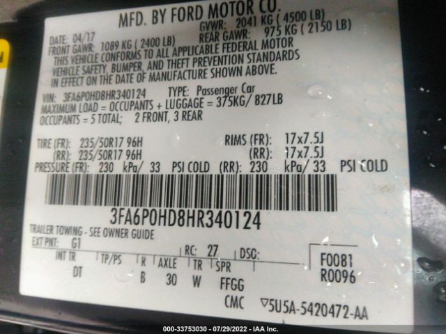 Photo 8 VIN: 3FA6P0HD8HR340124 - FORD FUSION 