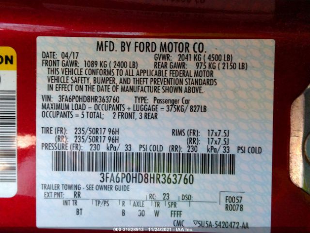 Photo 8 VIN: 3FA6P0HD8HR363760 - FORD FUSION 