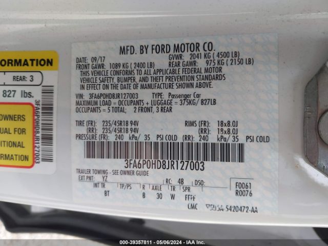 Photo 8 VIN: 3FA6P0HD8JR127003 - FORD FUSION 