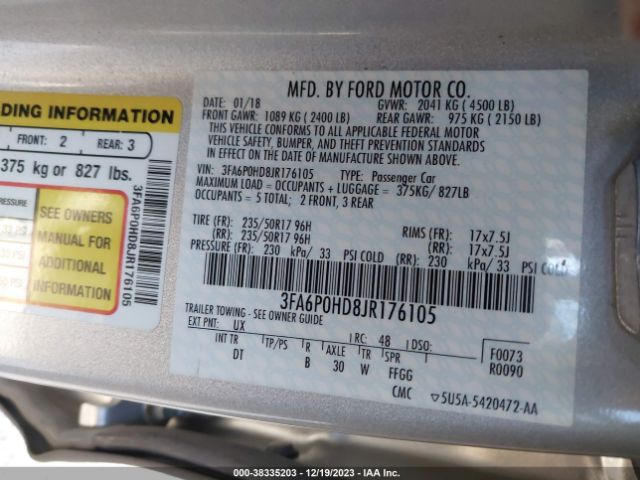 Photo 8 VIN: 3FA6P0HD8JR176105 - FORD FUSION 