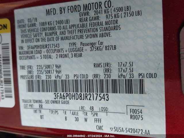 Photo 8 VIN: 3FA6P0HD8JR217543 - FORD FUSION 