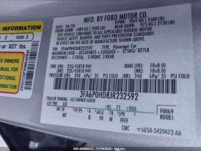 Photo 8 VIN: 3FA6P0HD8JR232592 - FORD FUSION 