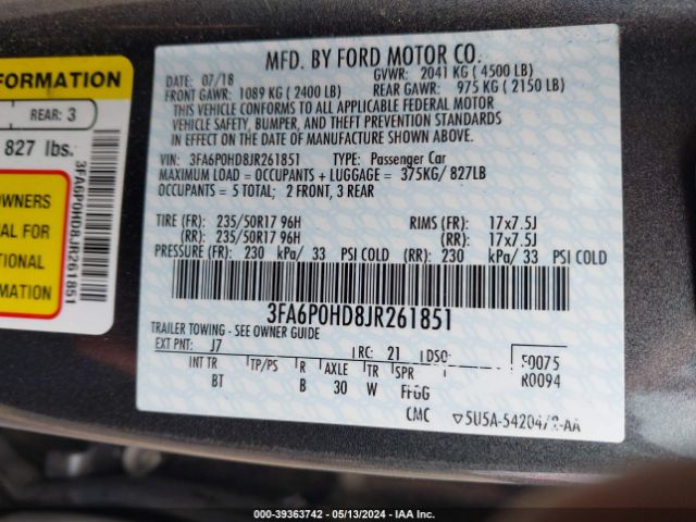 Photo 8 VIN: 3FA6P0HD8JR261851 - FORD FUSION 