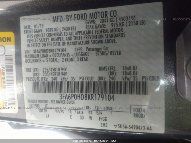 Photo 8 VIN: 3FA6P0HD8KR179104 - FORD FUSION 