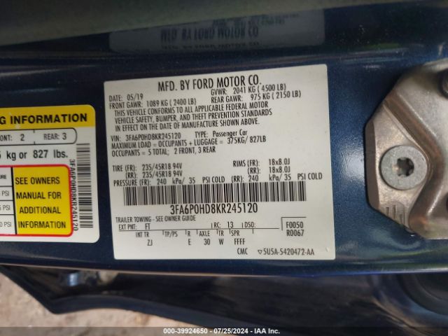 Photo 8 VIN: 3FA6P0HD8KR245120 - FORD FUSION 