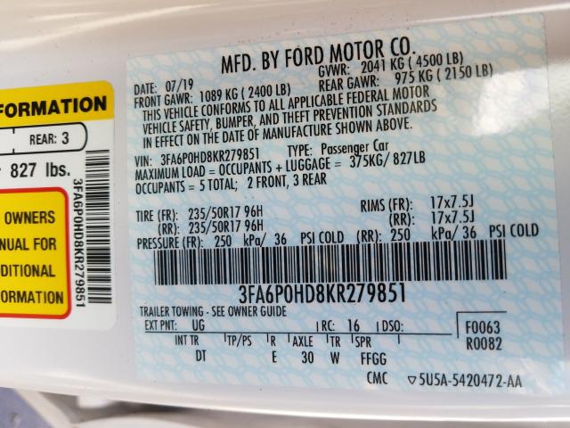 Photo 9 VIN: 3FA6P0HD8KR279851 - FORD FUSION SE 