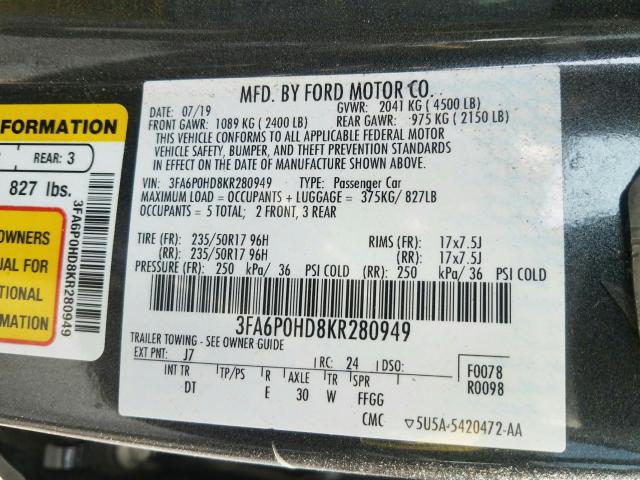 Photo 9 VIN: 3FA6P0HD8KR280949 - FORD FUSION SE 