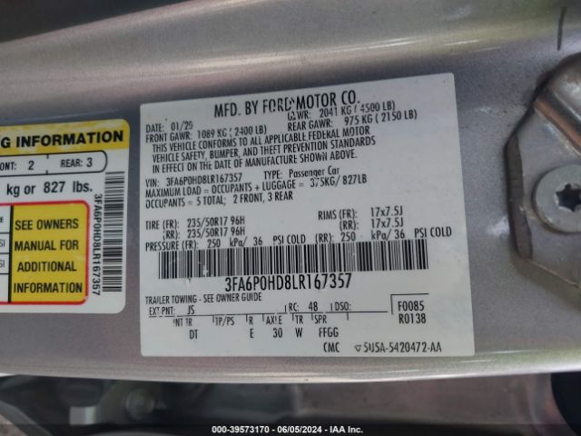 Photo 8 VIN: 3FA6P0HD8LR167357 - FORD FUSION 