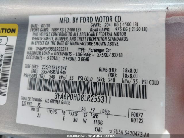 Photo 8 VIN: 3FA6P0HD8LR255311 - FORD FUSION 