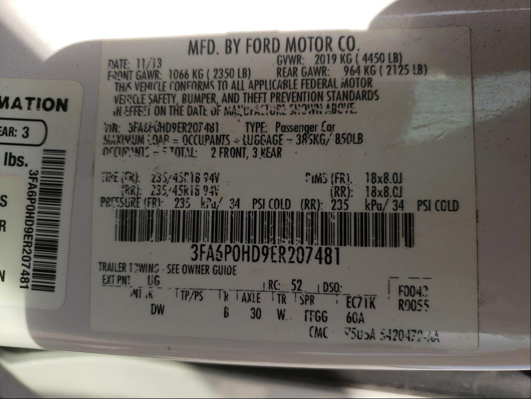 Photo 9 VIN: 3FA6P0HD9ER207481 - FORD FUSION SE 