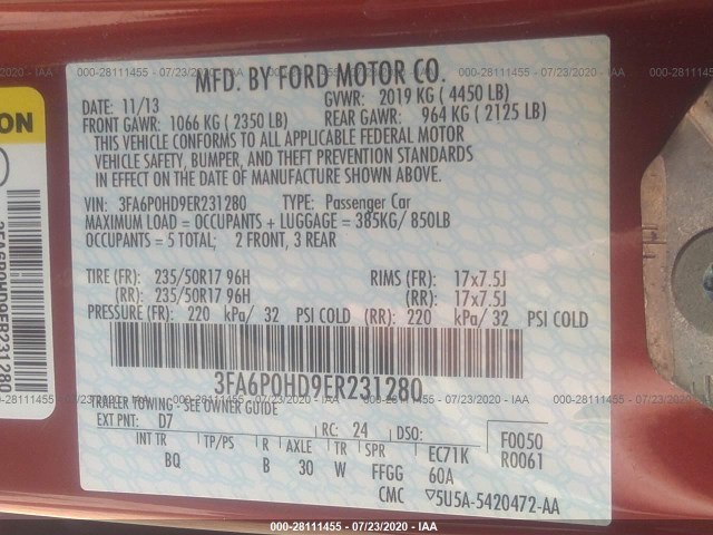 Photo 8 VIN: 3FA6P0HD9ER231280 - FORD FUSION 