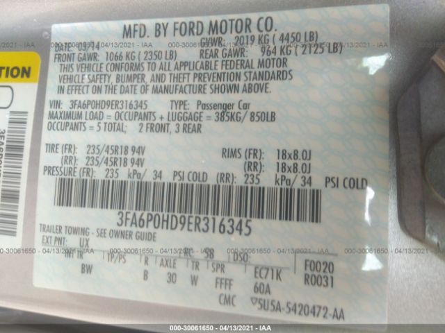 Photo 8 VIN: 3FA6P0HD9ER316345 - FORD FUSION 