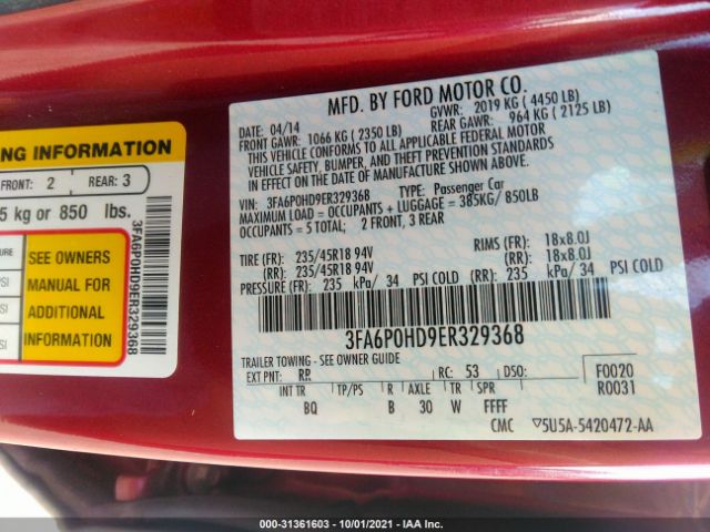 Photo 8 VIN: 3FA6P0HD9ER329368 - FORD FUSION 