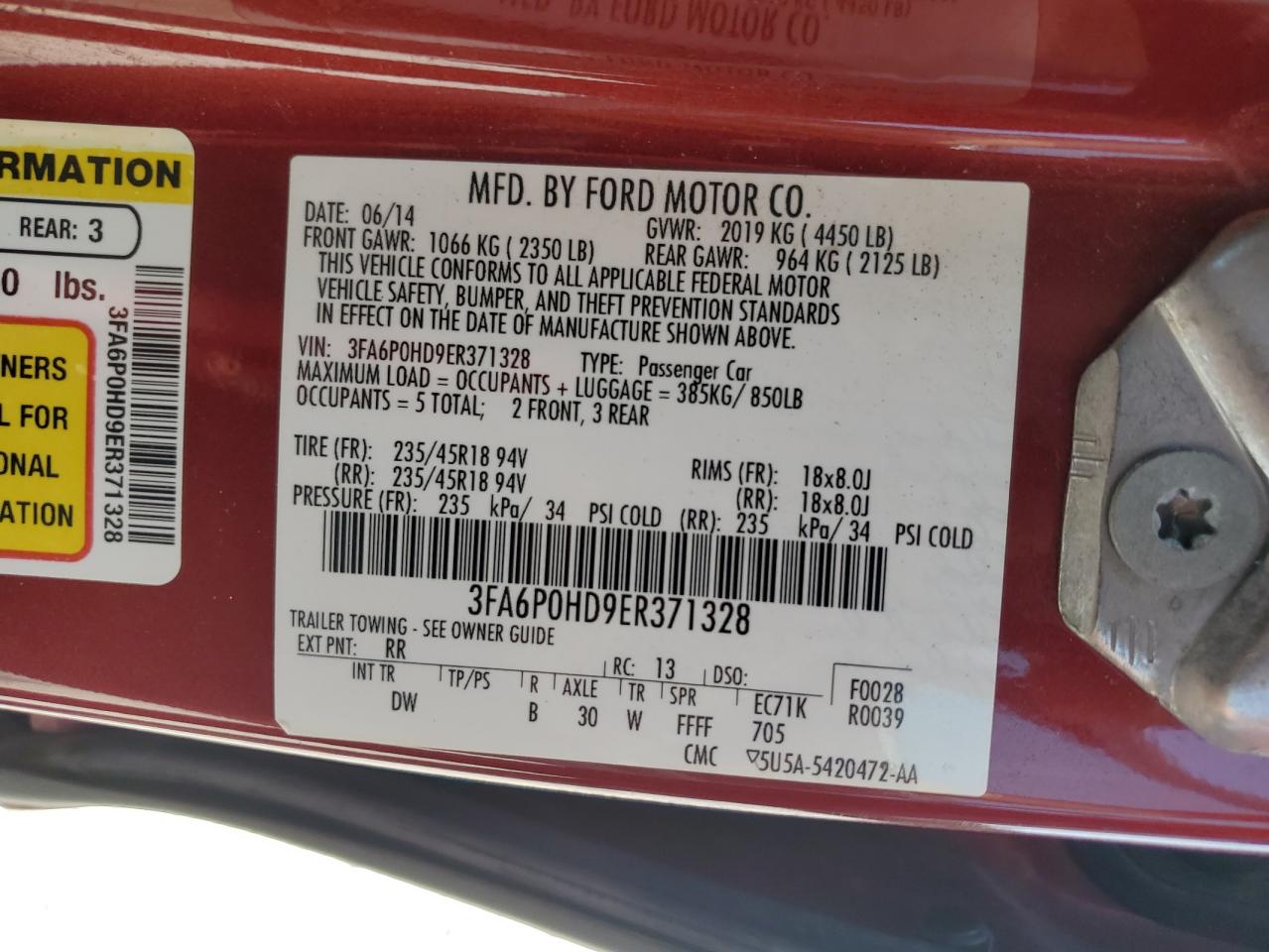 Photo 11 VIN: 3FA6P0HD9ER371328 - FORD FUSION 