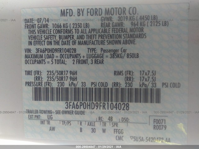 Photo 8 VIN: 3FA6P0HD9FR104028 - FORD FUSION 